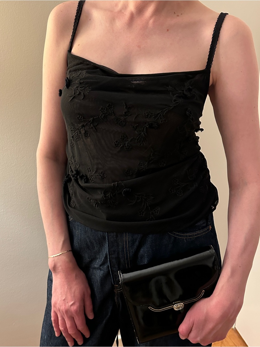 Zara Black Sheer Mesh Embroidered Flower-Details Tie-Back Cami